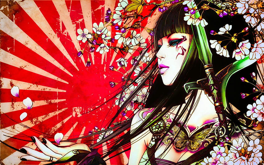 Kolorowy Geisha Orientalny Artystyczny Azjatycki Fantasy Tatuaż - Rozdzielczość: Tapeta HD
