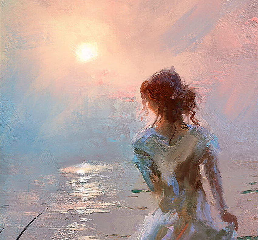 คนเดียว ศิลปะ แฟนตาซี เด็กผู้หญิง โจเซฟ ฟีลีย์ น้ำ ชายหาด พระอาทิตย์ตก ทะเล ฤดูร้อน วารา วอลล์เปเปอร์ HD