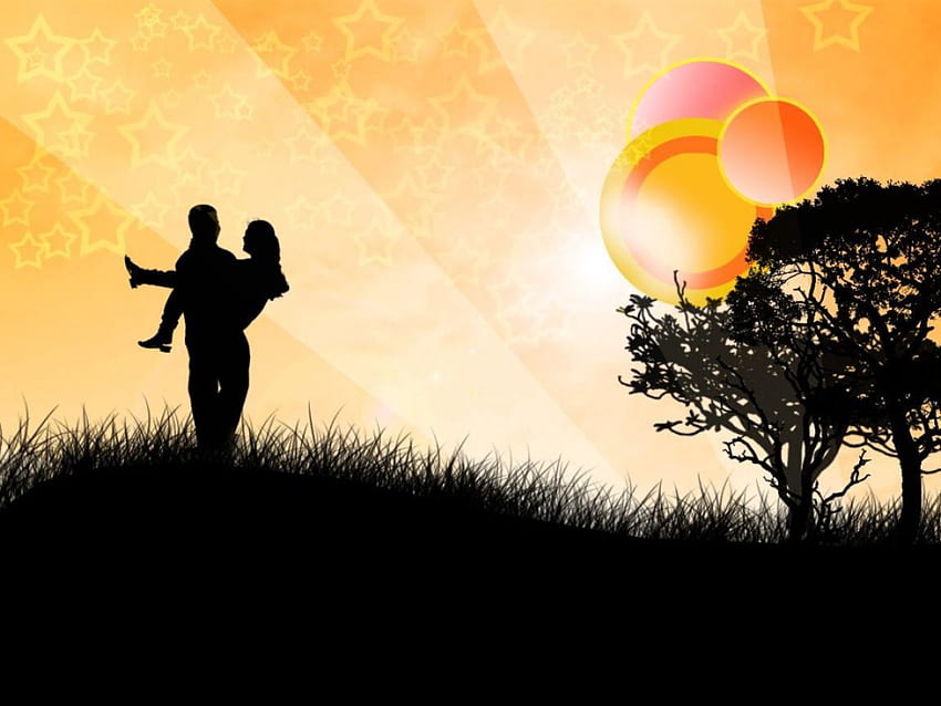 Love, couple, abstract, trees sunrise HD wallpaper