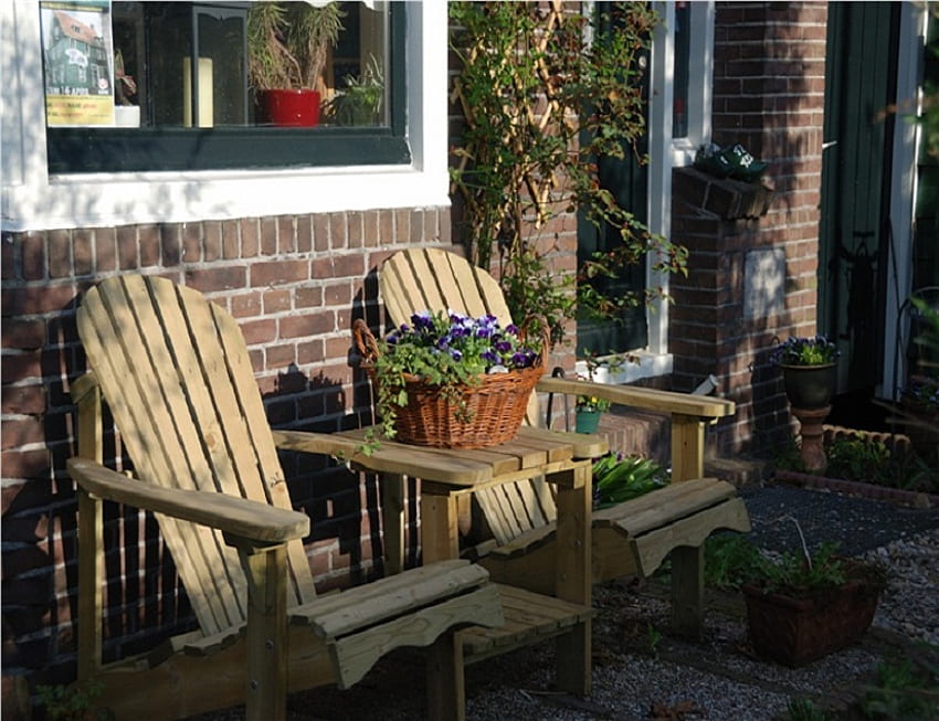 Front porch, chair, window, house, relax, balcony, plant, patio, porch, flowers HD wallpaper