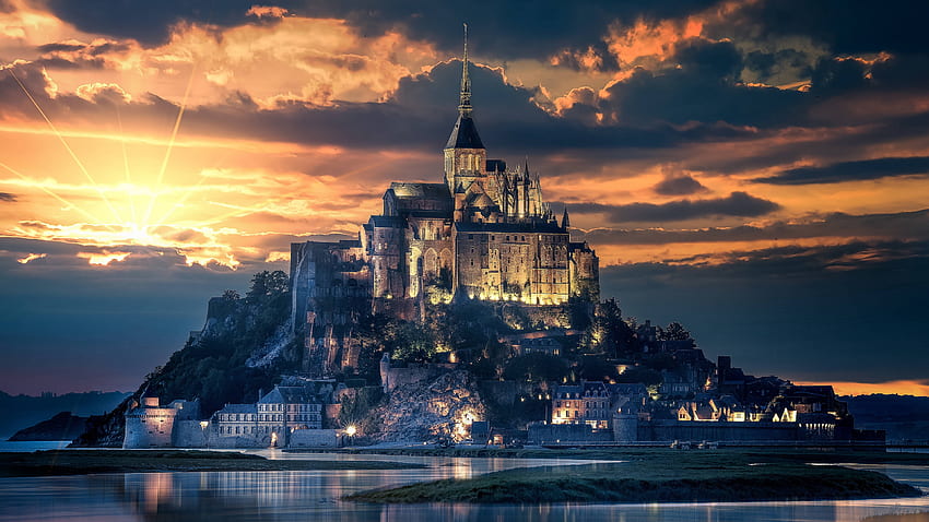 Mont Saint Michel, França, Ilha, Castelo papel de parede HD