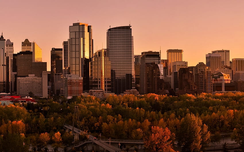 Calgary, malam, matahari terbenam, gedung pencakar langit, pemandangan kota Calgary, kaki langit Calgary, Kanada Wallpaper HD