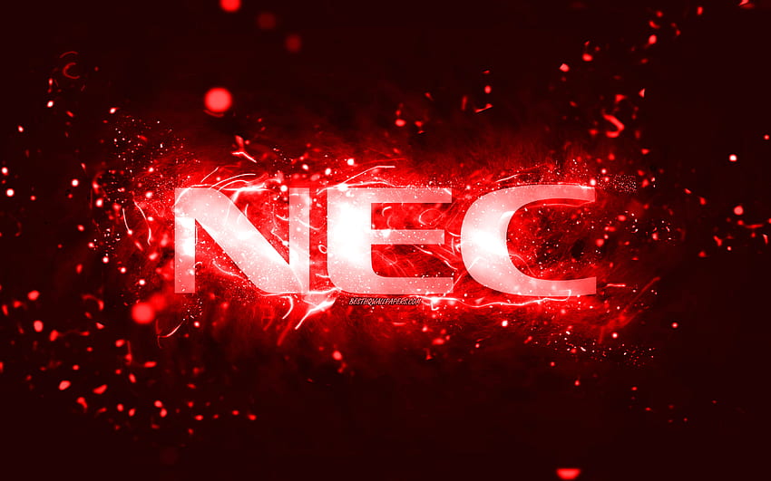 NEC red logo, , red neon lights, creative, red abstract background, NEC logo, brands, NEC HD wallpaper