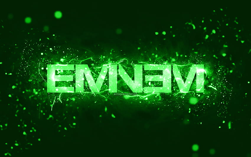 Eminem green logo, o rapper americano, verde luzes de neon, criativo, verde resumo de plano de fundo, Marshall Bruce Mathers III, Eminem logo, estrelas da música, Eminem papel de parede HD