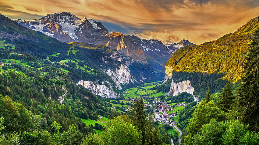 İsviçre Jungfrau Alpleri'ndeki Lauterbrunnen Vadisi İsviçre Seyahati HD duvar kağıdı