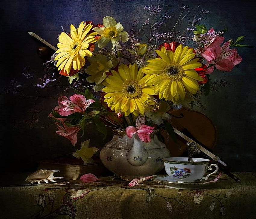 Musik dan keindahan, cangkang, bunga aster, vas bunga, cantik, bunga, cangkir, biola Wallpaper HD