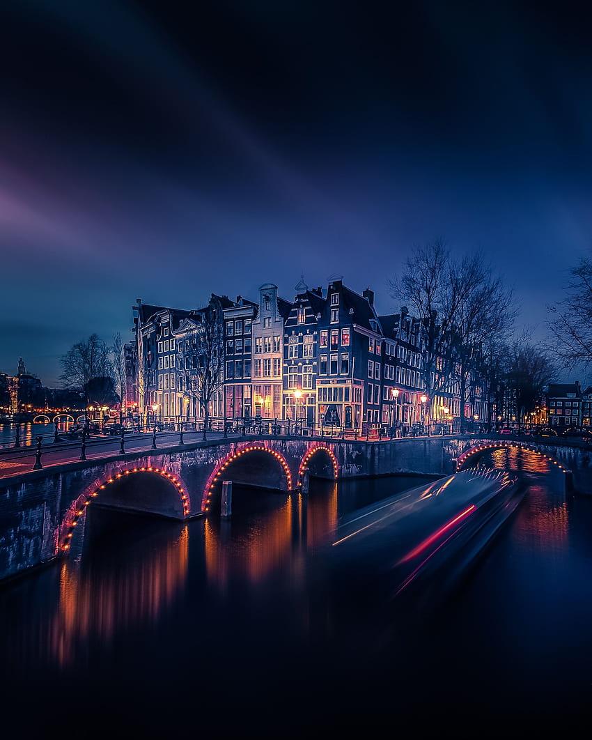 都市, 川, 建物, 橋, 水路, アムステルダム HD電話の壁紙
