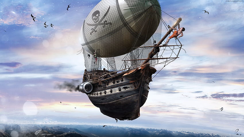 Luftschiff . Luftschiff, Steampunk-Luftschiff und Dieselpunk-Luftschiff, abstrakter futuristischer Pirat HD-Hintergrundbild