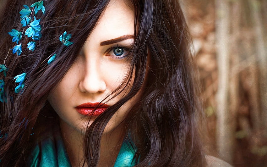 Beauty, blue, model, flower, face, girl, hair, woman HD wallpaper