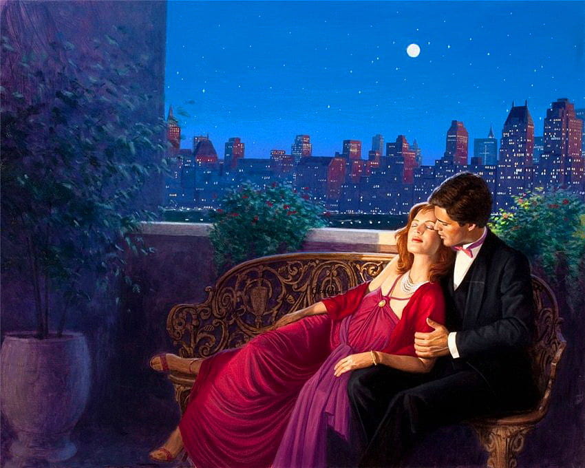 Romantic evening, night, red dressed, man, lovers, hugs, woman, summer, moon, love, passion, sky, romantic, evening HD wallpaper