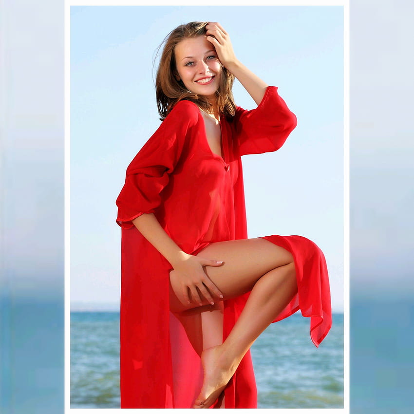 loira, vermelho, vestido, pernas, praia papel de parede HD