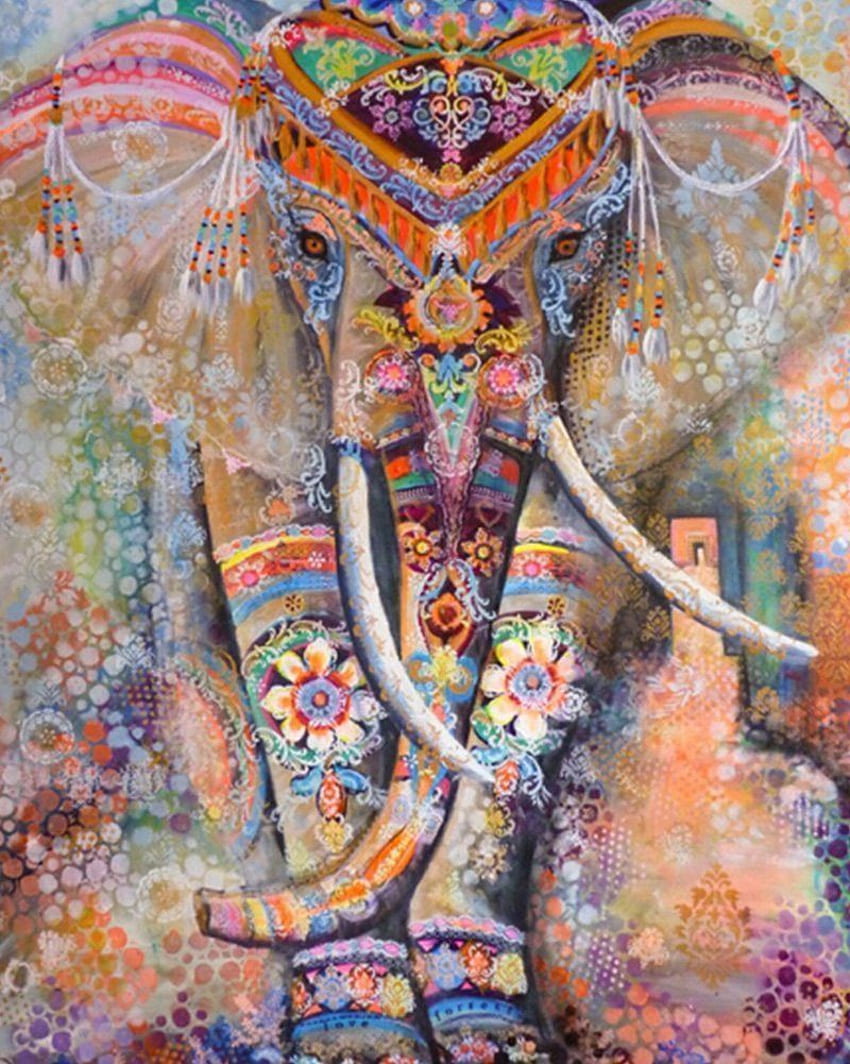 Tapiz de tela de pared de elefante bohemio con collage de acuarela tribal. Tapiz de elefante, pintura de elefante, colgante de pared de elefante, elefante bohemio fondo de pantalla del teléfono
