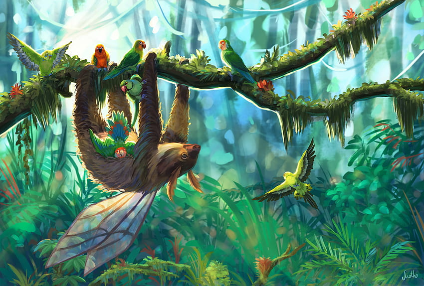 Birds, Art, Parrots, Branch, Jungle, Sloth HD wallpaper