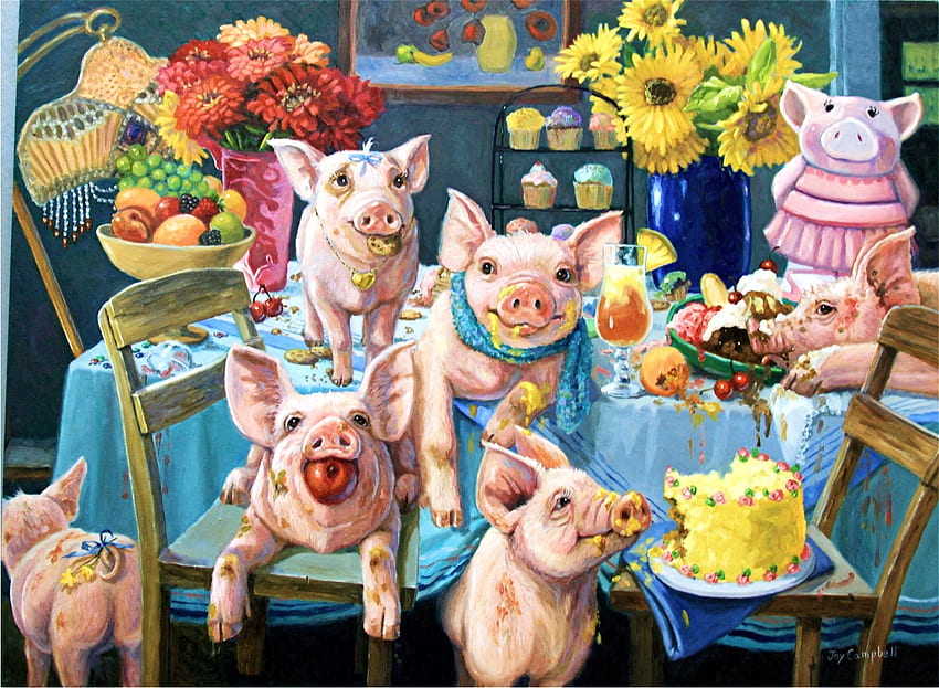 Piggie Party, karya seni, kursi, meja, babi, lukisan, bunga Wallpaper HD