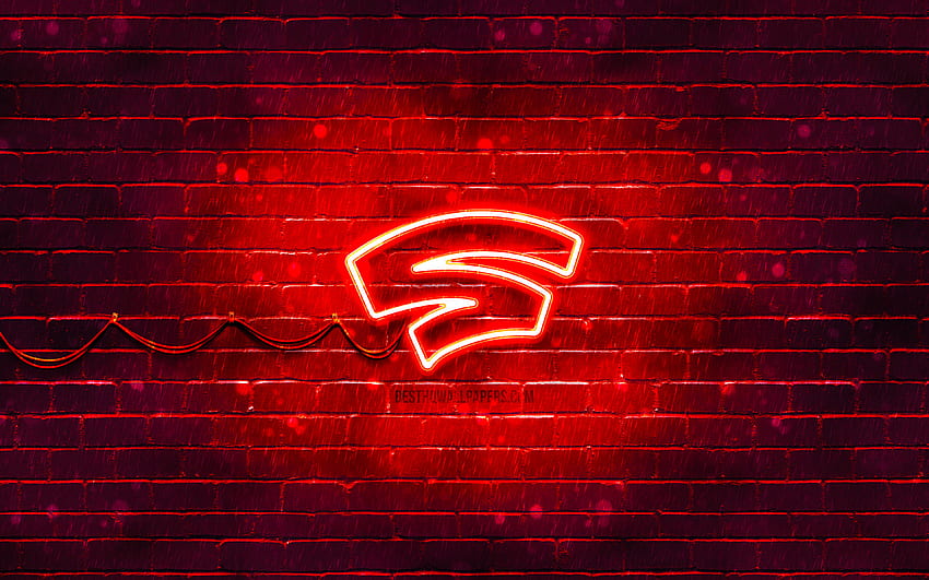 Logo merah Stadia, , dinding bata merah, logo Stadia, merek, logo Stadia neon, Stadia Wallpaper HD