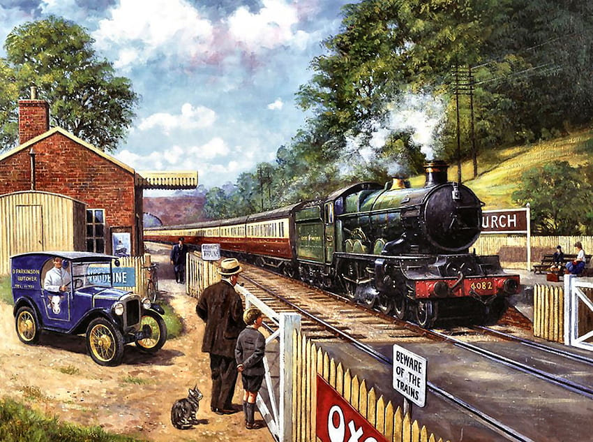 Spotting With Grandpa - Train C, arte, motor, tren, hermoso, ilustración, obras de arte, ancha, pintura, vías, locomotora, ferrocarril fondo de pantalla