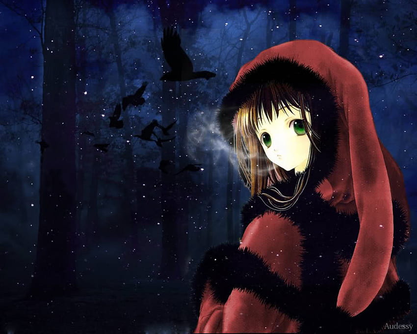 Kırmızı Başlıklı Kız (anime tarzı), kırmızı Başlıklı Kız, anime, orman, karanlık HD duvar kağıdı