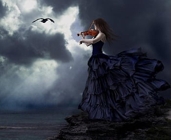 Girl, Princess, Sea, Rock, Bird, Raven, Night, Moon, Medallion, Fantasy ...