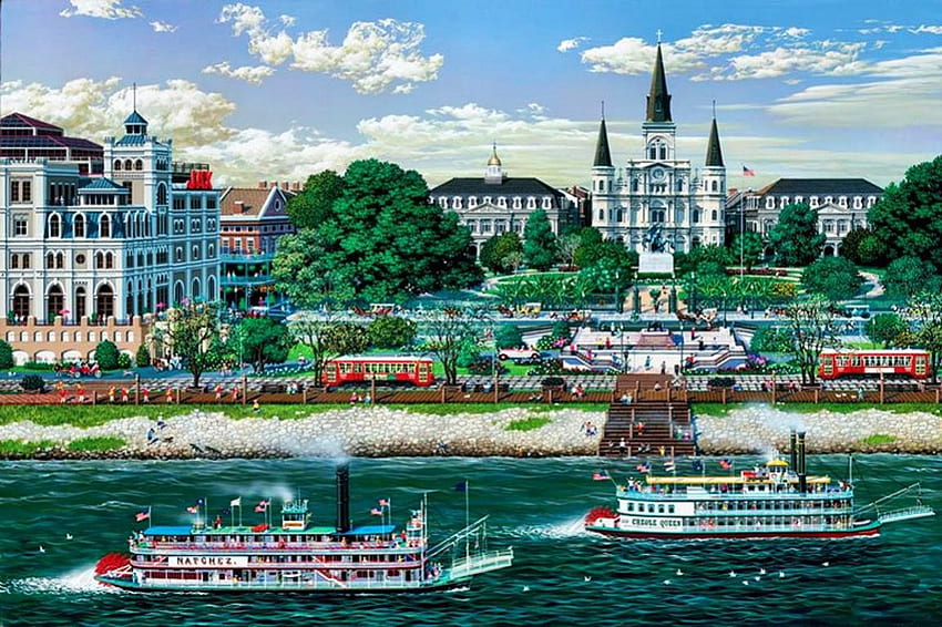 Джаксън Скуеър, Ню Орлиънс, произведения на изкуството, река, сгради, кораби, , САЩ HD тапет
