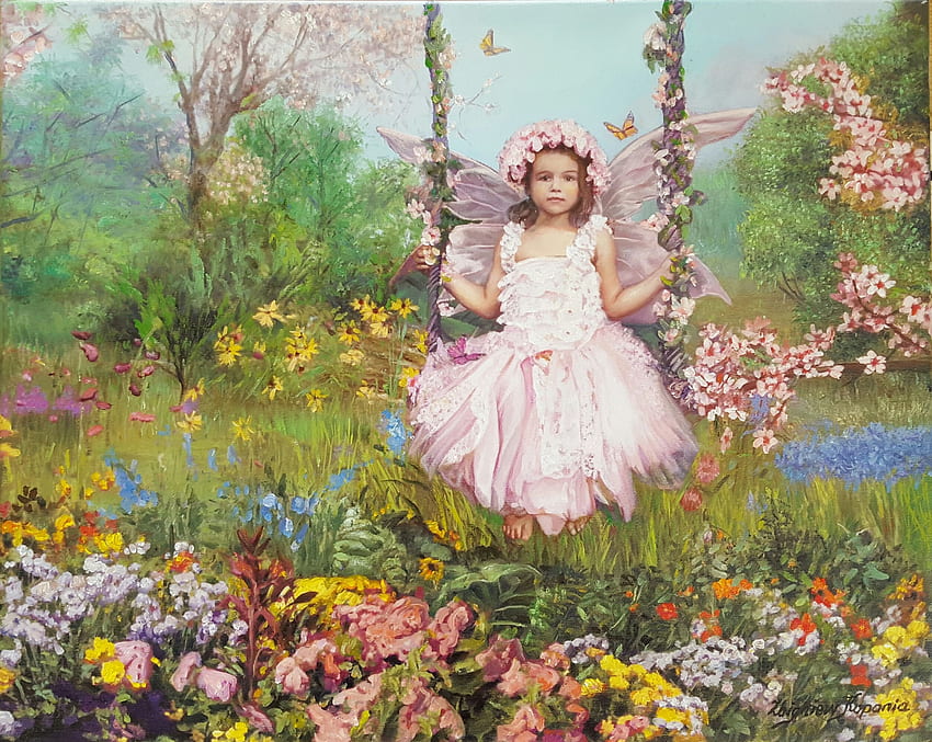 Little fairy, zbigniew kopania, child, copil, wings, art, garden, girl, summer, fairy, pink, painting, pictura, flower HD wallpaper