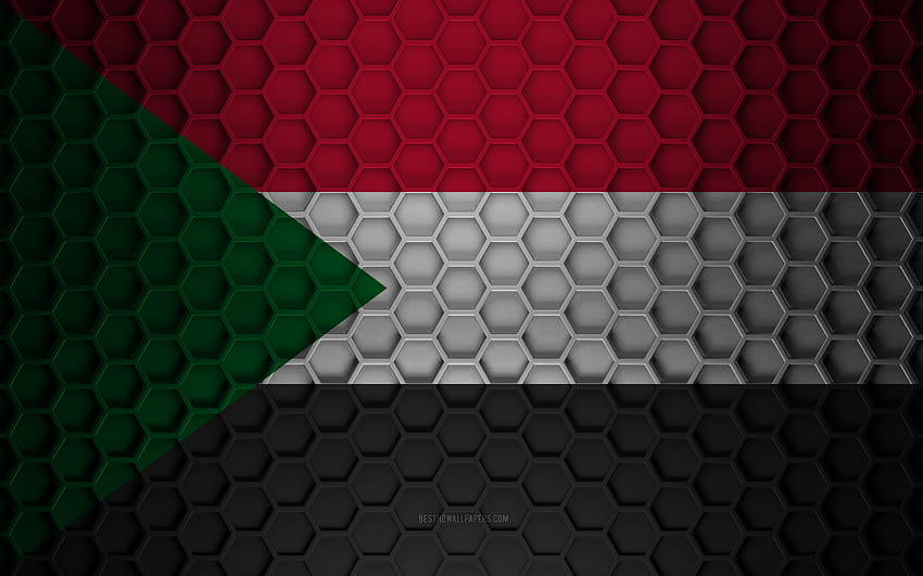 Bendera Sudan, tekstur segi enam 3d, Sudan, tekstur 3d, bendera Sudan 3d, tekstur logam, bendera Sudan Wallpaper HD