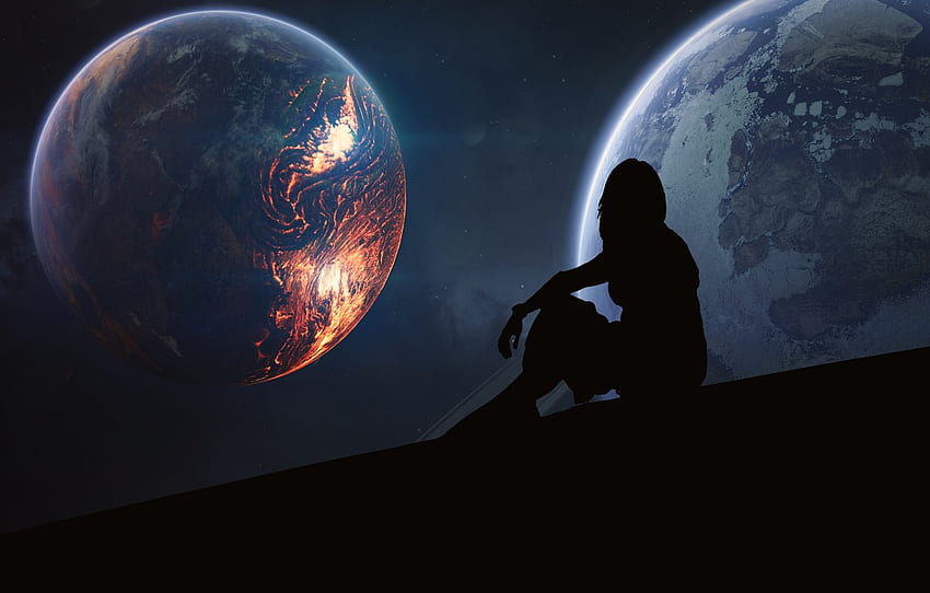 girl, space, light, night, darkness, the dark background, loneliness, rendering, fantasy, fiction, planet, planet, silhouette, art, twilight, sitting for , section фантастика, Lonely Space HD wallpaper