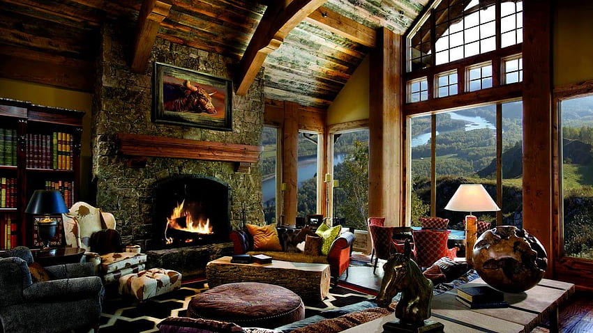 Kamin Hintergrundszene, Relax - Gemütliches Wohnzimmer, Feuer, gemütliches Zuhause HD-Hintergrundbild