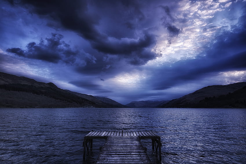Nature, Mountains, Sea, Clouds, Pier, Evening, Scotland, Mainly Cloudy, Overcast HD wallpaper