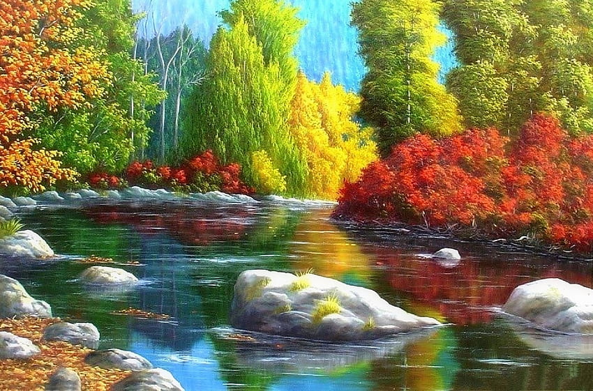 カラフルな風景、夢のアトラクション、色、絵画、風景、公園、四季を愛する、湖、木、秋、自然、秋の季節 高画質の壁紙