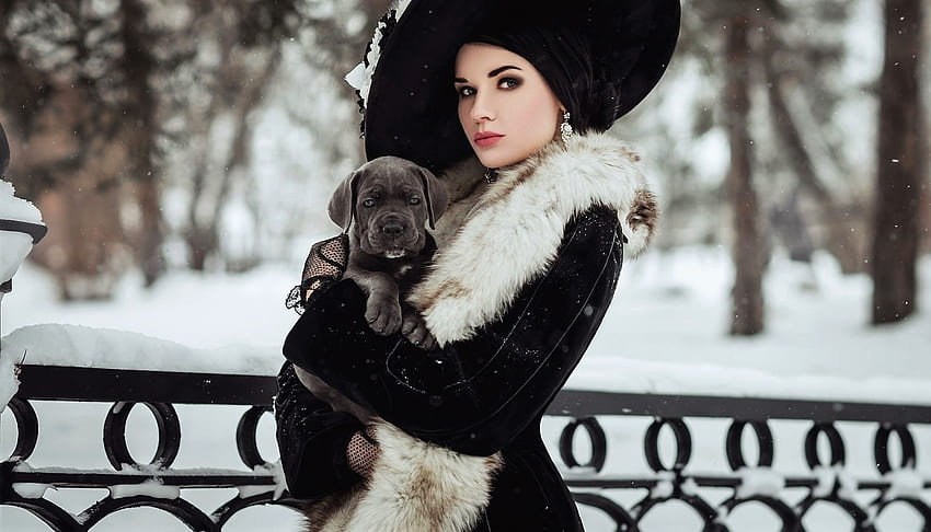 ღ, winter, puppy, model, lady HD wallpaper