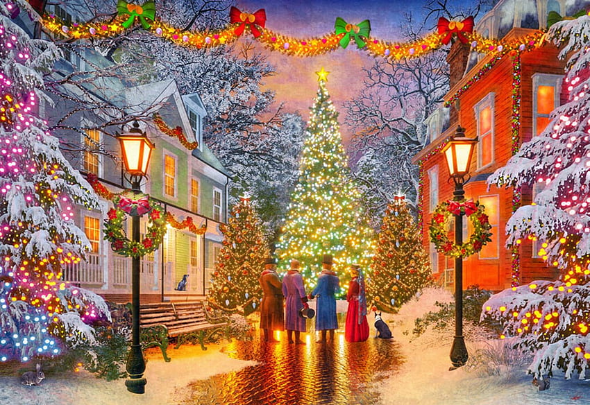 Encuentro navideño, nieve, decoraciones, camino, personas, casas, pueblo, árbol de navidad, linternas, obras de arte, digital fondo de pantalla