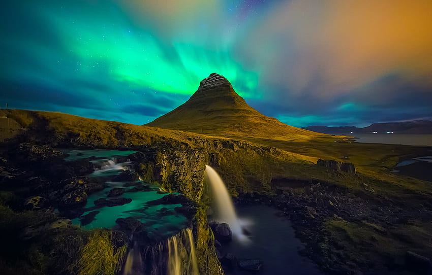 waterfall, Iceland, Kirkjufell, aurora borealis for , section пейзажи HD wallpaper