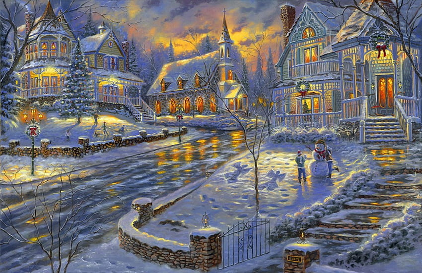 Christmas snow, winter, houses, dusk, quiet, snowflakes, holiday, painting, cottages, snow, frost, art, beautiful, snowman, pretty, snowfall, christmas, lights, street, sky, evening, village HD wallpaper