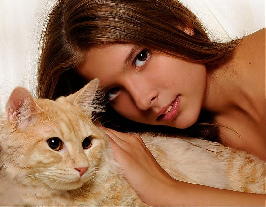 Chica w Gato, lindo, gato, hermosa, niña fondo de pantalla