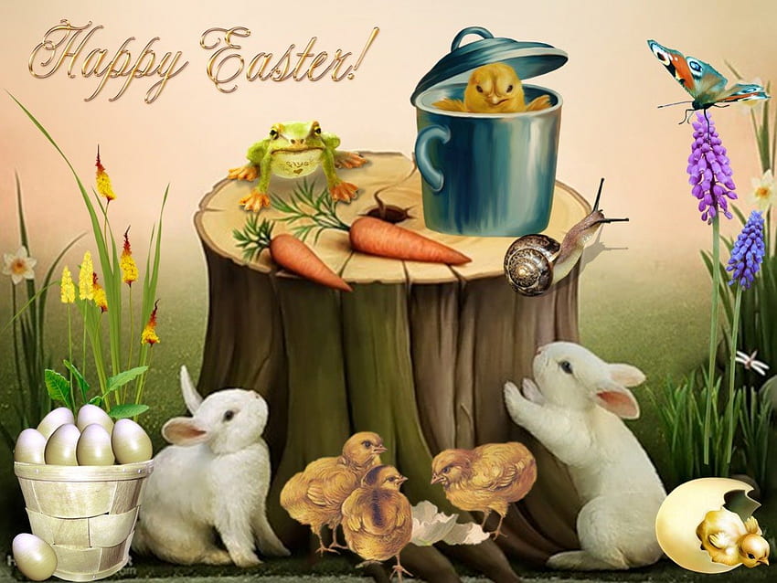 Easter in the Field, bunny, chicken, easter, eggs, rabbit HD wallpaper