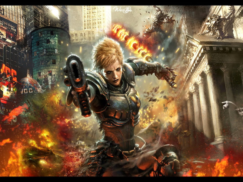 female soldier, body armour, explosion, buildings, smoke, weapon, fire HD wallpaper