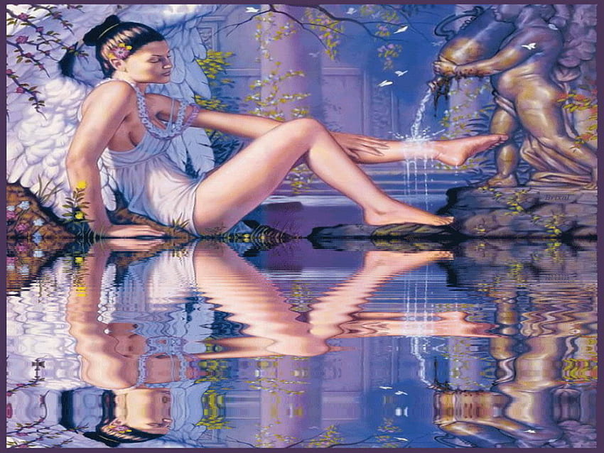 angel, refresh, pool, reflection, bath HD wallpaper
