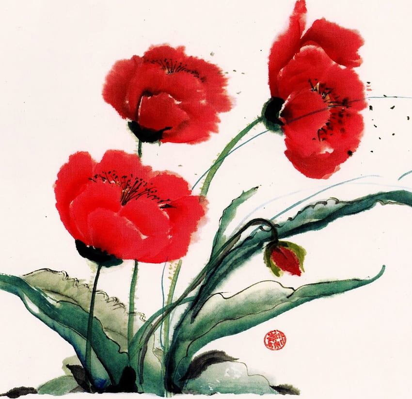 Poppies, leaves, green, red, flowers HD wallpaper