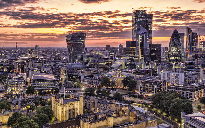 Londres, 30 St Mary Axe, Leadenhall Building, soir, paysage urbain de Londres, coucher de soleil, gratte-ciel, toits de Londres, Angleterre pour avec résolution . Haute qualité Fond d'écran HD