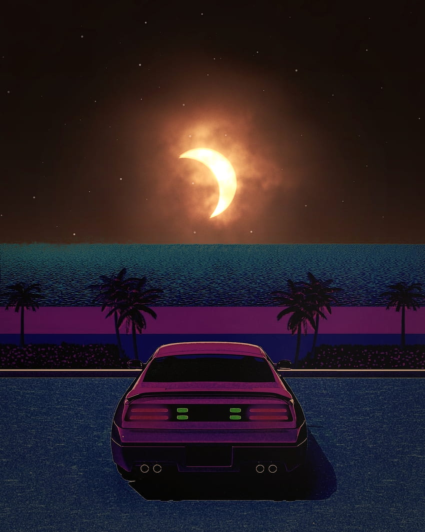 night drive, atmosphere, sky, moon, retro car, cyberpunk, cyberpunk car, retro, synthwave, 80's HD phone wallpaper