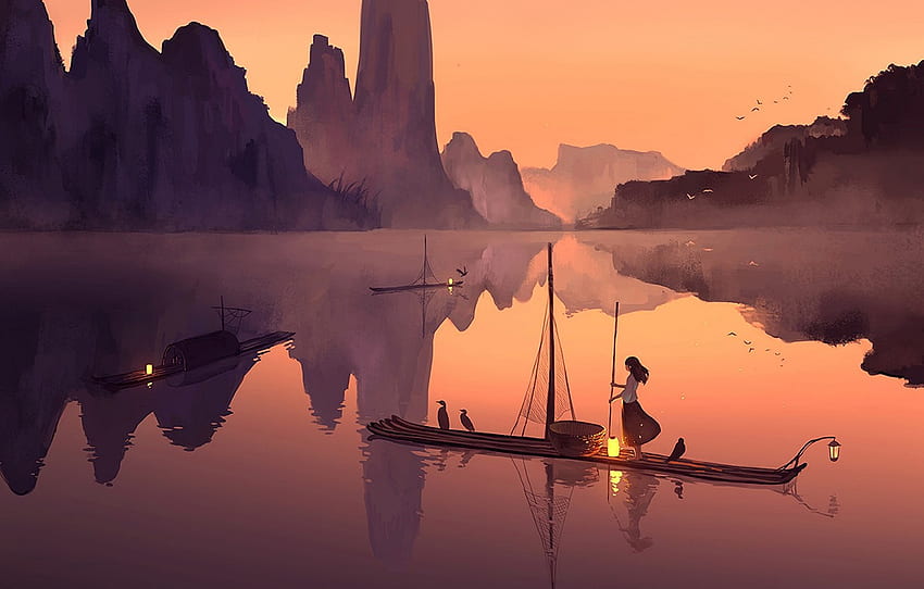 ภูเขา นก การสะท้อน แม่น้ำ ตกปลา เรือ ตอนเย็น ไฟ หญิงสาว จีน สงบ สำหรับ หมวด живопись, Chinese Boat วอลล์เปเปอร์ HD