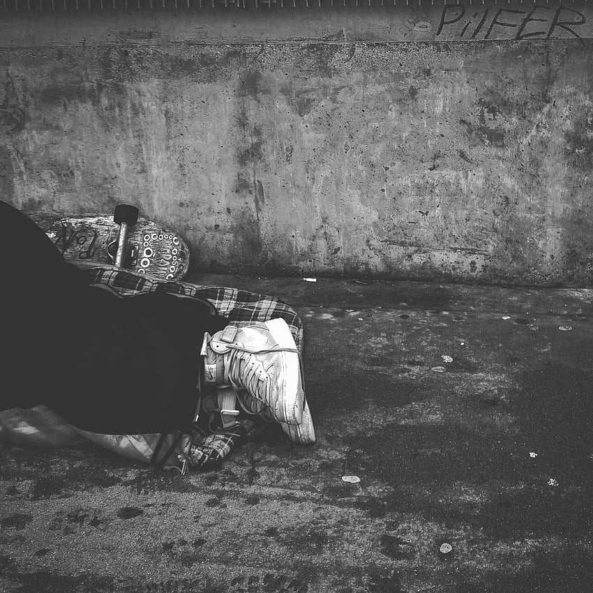 abandoned, adult, black and white, cavalry, citylife, dirty, homeless, life, man, outdoors, pavement, people, person, poor, rejected, road, rough, shoes, skateboard, sleeping, sneakers, street, transportation system, w HD phone wallpaper