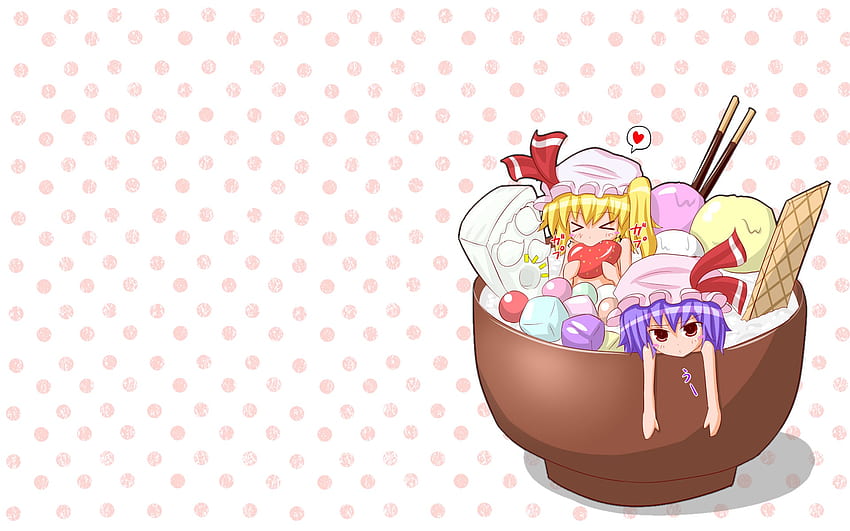 My favourite Ice, wings, purple hair, sweets, ribbon, red eyes, vampire, candy, remilia scarlet, touhou, short hair, waffles, blonde hair, ice, flandre scarlet HD wallpaper