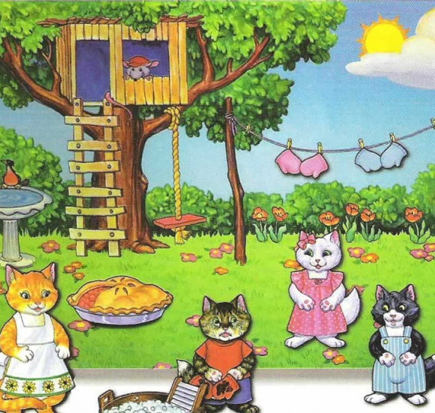 Kitten's treehouse, treehouse, mouse, washtub, garden, washing line, birdbath, kittens HD wallpaper