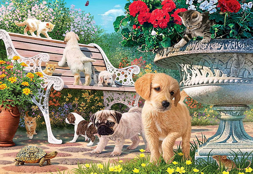 Pets Hide And Seek, kitten, painting, puppies, garden, flowers HD wallpaper