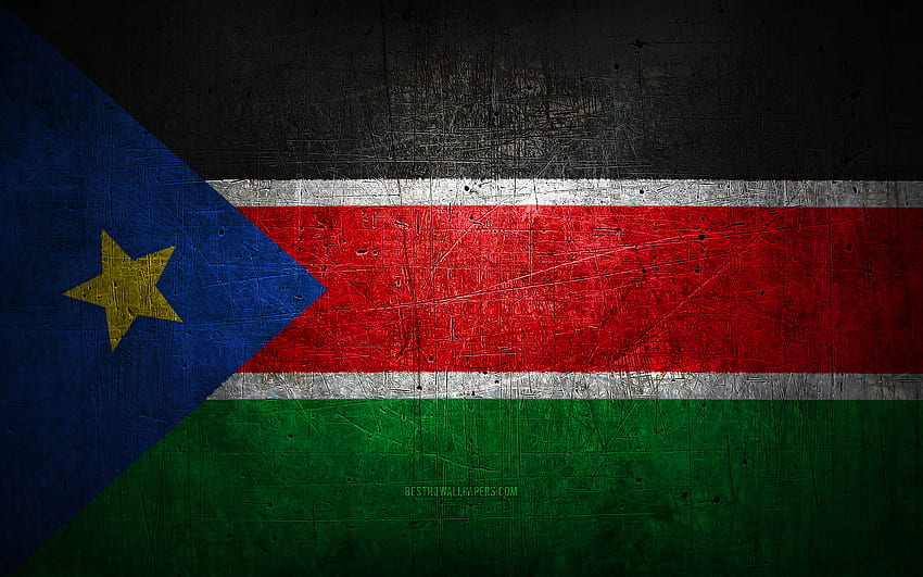 South Sudanese metal flag, grunge art, African countries, Day of South Sudan, national symbols, South Sudan flag, metal flags, Flag of South Sudan, Africa, South Sudanese flag, South Sudan HD wallpaper