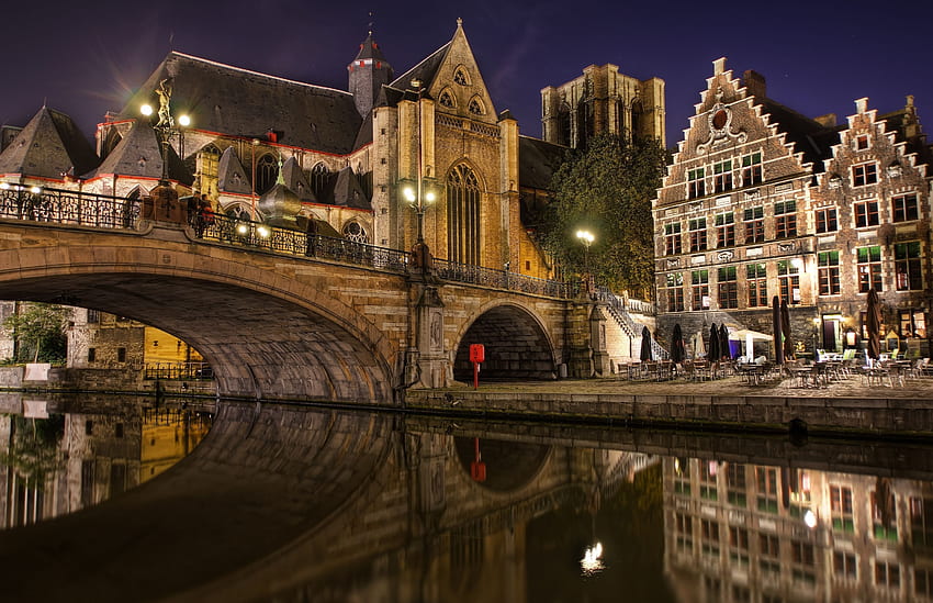 都市, 橋, 夕方, ベルギー, フランダース、ゲント 高画質の壁紙