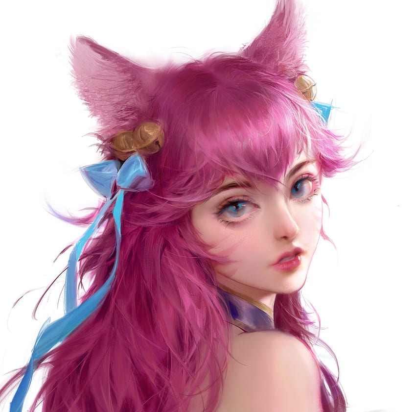 Fox girl, blue, pink, fantasy, face, ahri, girl, yawei cao, fox HD wallpaper