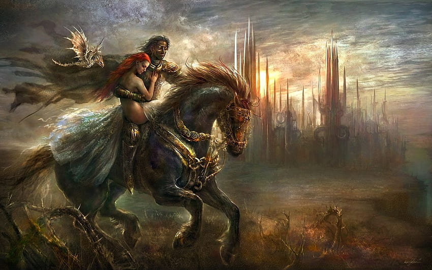 Riders, horse, fantasy, male, female HD wallpaper