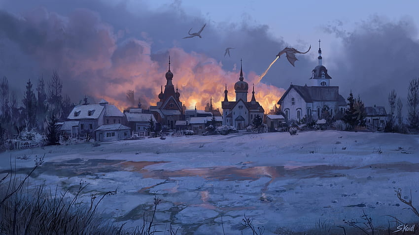 nieve de fuego, stefan koidl, arte, fantasía, ataque, dragón, pueblo, invierno, azul, noche, nieve fondo de pantalla